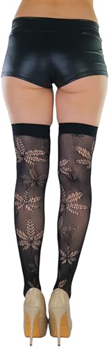 Image of ToBeInStyle Women's Thigh High Stockings Bodystocking Tights Medicinal Cannabis Marijuana Weed Leaf Print Festival Hosiery