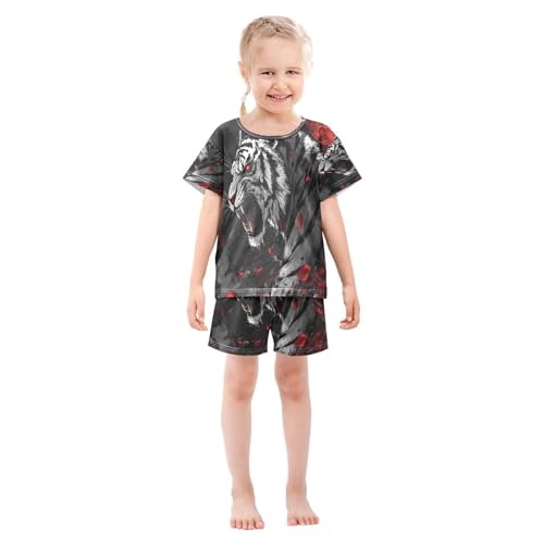 ALAZA Tiger Animal Red Pajamas Set Short Sleeve Cotton Sleepwear Summer Pjs 2 Piece 5-14Y3