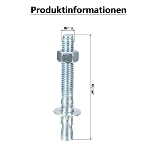 Caiyloxn 12 Stück Schwerlastdübel M8 X 8cm Bolzenanker Verzinkt Betonanker Schwerlastanker Keilanker Ankerbolzen Inklusive Mutter und Unterlegscheibe