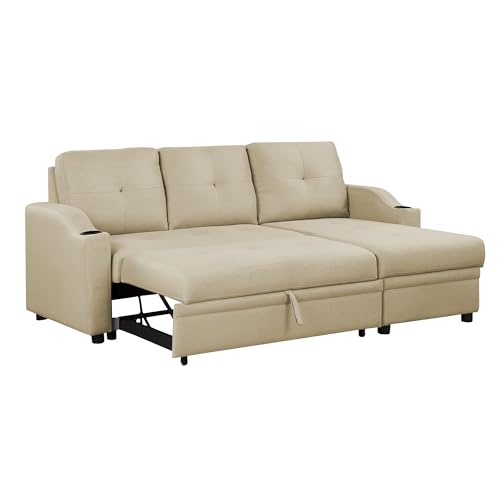 Image of Casaliving Ravonna RHS 4 Seater L Shape Corner Sofa Cum Bed for Living Room (Cream Fabric) Premium Fabric Sofa