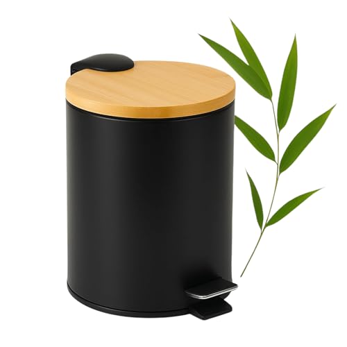 Solty – Papelera de baño negra y bambú de 3 litros, cubo con pedal silencioso de acero inoxidable antióxido, diseño compacto y elegante