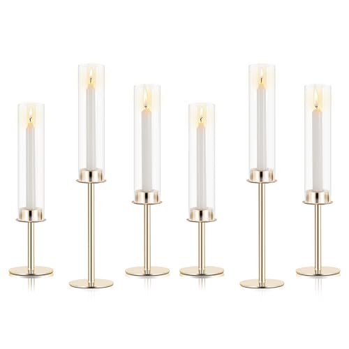 Ronasip Hurricane Candle Holders Set of 6 Metal Candlestick Holder for Glass Taper Tall Candle Holders with Crystal Chimney Tube Candles Stands for Home Decor, Christmas, Dinning (6, Gold)