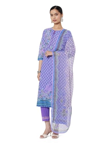 Image of BIBA Women Cotton Straight Kurta Slim Pants Suit Set
