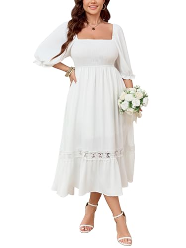SCOMCHIC Women's Plus Size Maxi Dress Short Sleeve Square Neck Smocked Flowy A-Line Lace Trim Boho Wedding Guest Dresses
