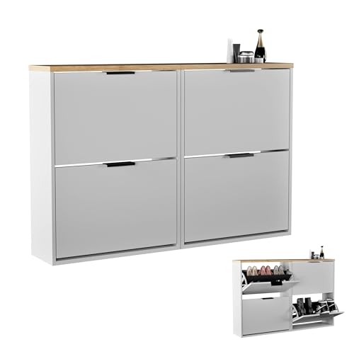 Planetmöbel 2 x Schuhschrank schmal mit 2 Klappen platzsparender Schuhregal mit 4 Ablagen, Schuhkommode für Diele, Flur, Garderobe 60 x 23 x 80,5 cm, weiß grau