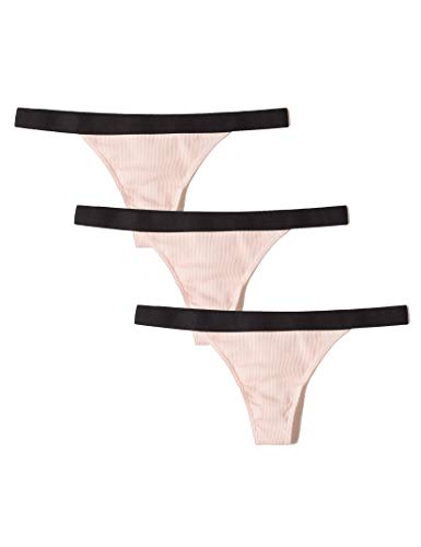 Amazon Brand - Iris & Lilly Women's Cotton Rib Low Rise Thong, Pack of 3, Rose Smoke/Black Elastic, EU XL (US 12-14)