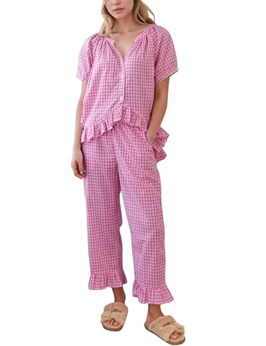 Flygo Womens Plaid 2 Piece Pajamas Sets Gingham Button Down Puff Sleeve Babydoll Shirt Ruffle Pants Y2K Pjs Lounge Set
