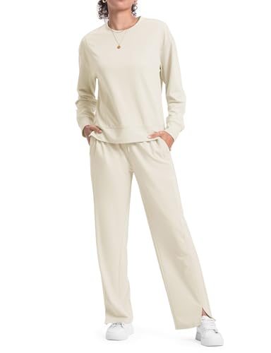 TBMPOY Women Travel Sweatsuit Casual 2 Piece Outfits Sweat Track Suit Lounge Long Sleeve Wide Leg Sweatpants Set Pockets Airport Athletic (Apricot,L)