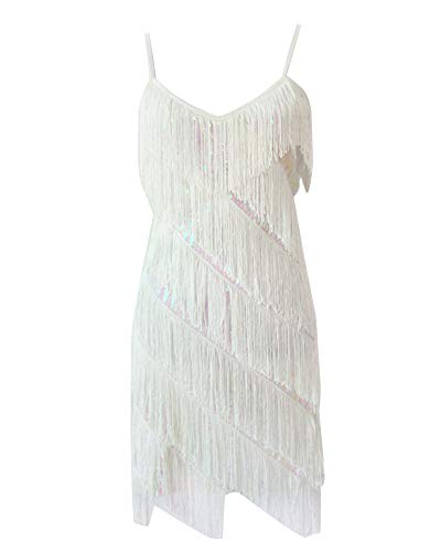 Vestido Latino Mujer para Baile Salsa Clásica Tango con Lentejuelas Y Flecos Blanco Un tamaño