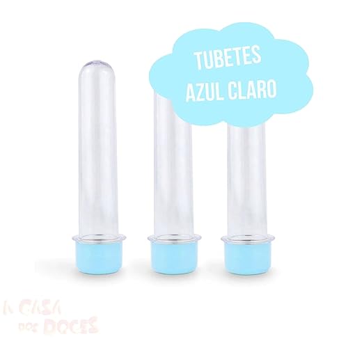 Tubete Transparente 13cm Tampa Azul Claro c/ 10 Kit 2 Pacotes