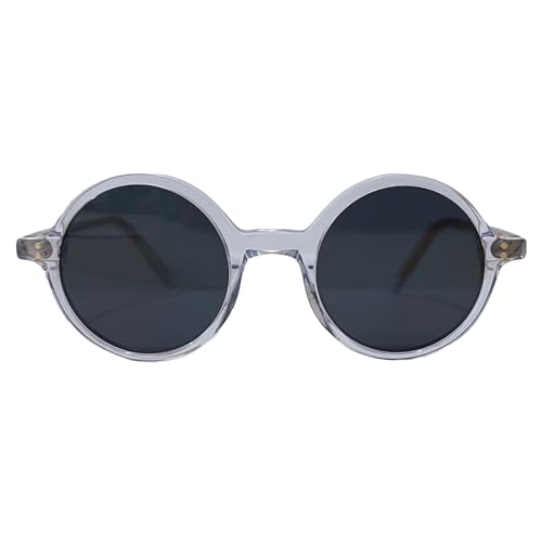 Leon Style Round Sunglasses - UV400 Protection Grey Lens Eyewear - Clear Acrylic & Metal Glasses - Professional Movie Fashion - Costume & Everyday Wear