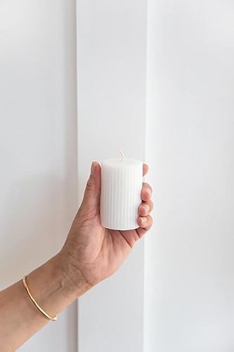 Image of Luces White Soy Wax Pillar Candle Set Of 3 Pcs Ribbed Vanilla Scented Pillar Candles For Home Decor Diwali Wedding Valentine Church X-Mass Spa Dinner Table
