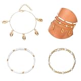 Henyall 3-Piece Beaded Shell Anklet Set for Women, Adjustable Shell Anklets Beaded, Ankle Bracelets, Gold Boho Beach Foot Jewelry for Women Teen Girls