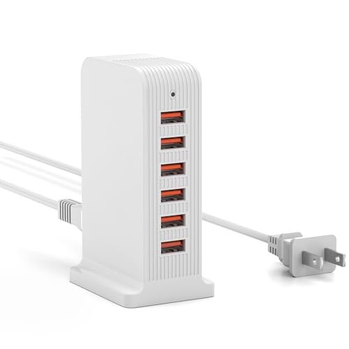 USB Charging Station - Multiport USB Charger Hub,6 Port Charger Tower for iPhone 15/14/13/12, iPad, Samsung Galaxy, Google Pixel,HTC, and Multiple Devices (white-50W)