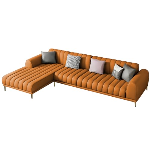 Image of Casaliving Herrick LHS 6 Seater L Shape Sofa Set with 2 Puffy for Living Room (Orange) Premium Velvet Fabric Sofa