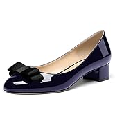 WAYDERNS Women's Patent Leather Bow Slip On Round Toe Chunky Low Heel Pumps Shoes 1.5 Inch