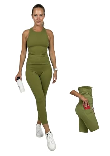 Ballandoro Trainingsanzug Gym Pilates Set Damen - Leggings Push Up und Sport Tank Top Outfit Sportbekleidung Yogahose und BH Bra Tennis Zumba Yoga Fitness Activewear Kakigrün XL
