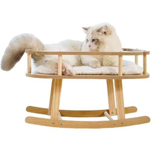 YMZJ猫 ハンモック ベッド 猫の巣木製猫ベッド 猫のハンモックのゆりかごのベッド, 室内猫用の高さのあるロッキングベッド、ペットハンモックソファ、小型犬/ウサギ用クッション付きラウンジチェア、ペット用品 (自然な色)