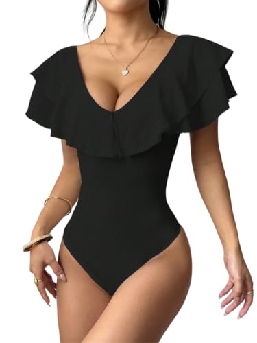 Traje de baño retro de una pieza para mujer con escote en V y volantes