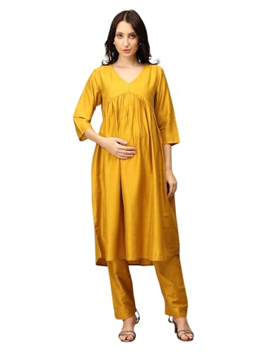 Image of The Mom Store Maternity Nursing and Feeding Kurta Set | Nursing Zippers | Pre and Post Pregnancy | Raw Silk | Kurta Pant Set | Solid |