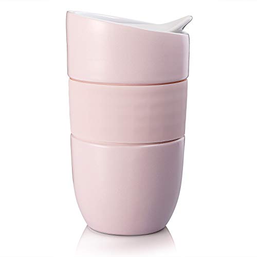 AVLA Double Wall Ceramic Coffee Travel Mug Portable 10oz To Go Cup with Slider Lid and Silicone Sleeve Reusable Tall Cup for Tea Coffee Car Cup Holder Dishwasher Safe Pink