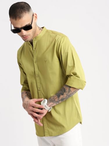 Image of SHOWOFFFF Men Solid Casual Shirt | Mandarin Collar Full Sleeves Cotton Shirt for Mens | Slim Fit Regular Length Shirt for Men's