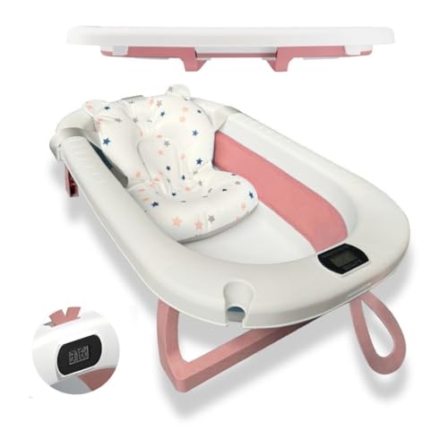 BATHBY Bañera Plegable Rosa para Bebés Recién Nacidos, con Cojín Reductor, Termómetro Integrado y Patas Antideslizantes, Compacta y Segura...