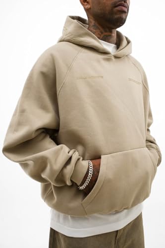 Image of URBAN MONKEY Core Hoodie Dusty Beige 100% Polycotton Brushed Fleece Vintage Wash Long Sleeves Front Pocket Ribbed Cuffs & Hem Print On The Chest, Hood & Back Oversized Fit Unisex Sweatshirt