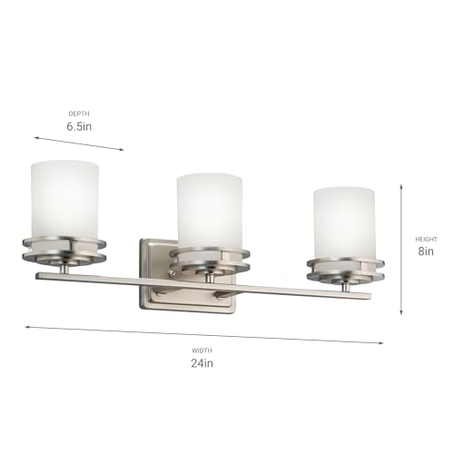 Image of Kichler Hendrik 24 inch Vanity Light in Brushed Nickel, 3-Light Modern Bathroom Vanity with Satin Etched Cased Opal Glass, (24 inch W x 8 inch H), 5078NI