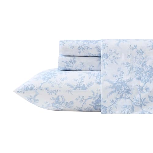 Image of Laura Ashley - Full Size Sheet Set, Crisp & Lightweight Cotton Percale Bedding with Fitted Sheet and Pillowcases, Floral Room Decor, Deep Pocket, College Dorm Room Essentials (Walled Garden Blue)