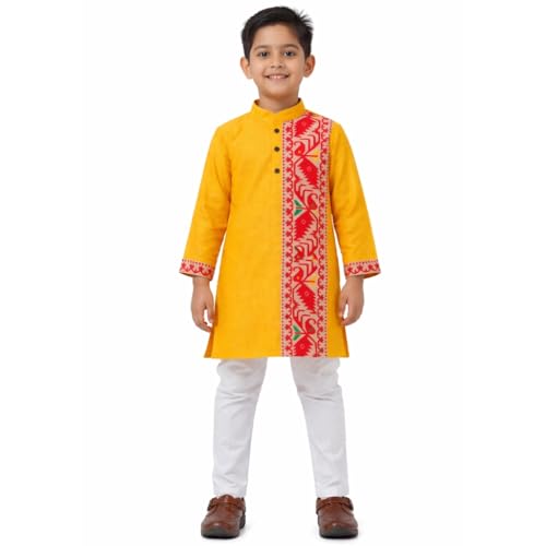 Image of Kurta Pajama for Kids Boys - Jamdani Border Kurta and Elastic Waist Pyjama Set