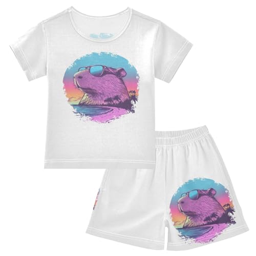 Capybara Sunglasses Palms Pajama Set Short Sleeve PJS 2 Piece Summer Pajamas Shorts Sets Cotton 5Y