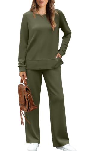 Image of WIHOLL Women's 2 Piece Lounge Sets Sweatshirt Casual Travel Outfits Fashion Wide Leg Tracksuit Cozy Sweatsuits