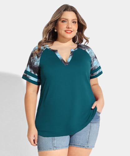 Image of CARCOS Plus Size Tops for Women Short Sleeve Summer Pullover Color Block Crewneck /V Neck Tee Tunic Loose Fit Tshirts XL-5XL