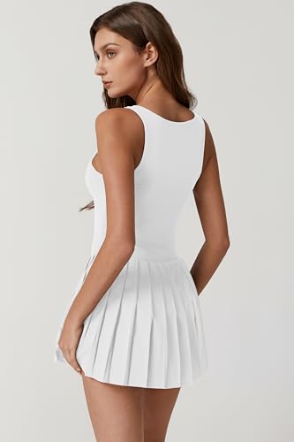 Image of QINSEN Womens Square Neck Tennis Dress Pleated Sleeveless Built in Shorts Golf Athletic Dress with Pockets
