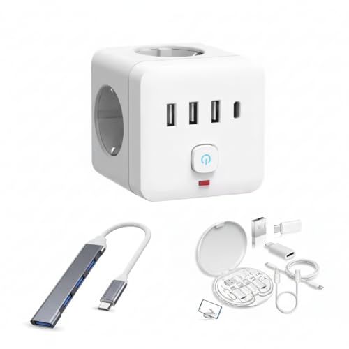 Regleta Cubo 7 en 1 (Blanco) con 3 Puertos USB, 1 USB-C y 4 Tomas EU – Accesorios Incluidos: Hub 4 Puertos USB para PC + Kit Multiadaptadores