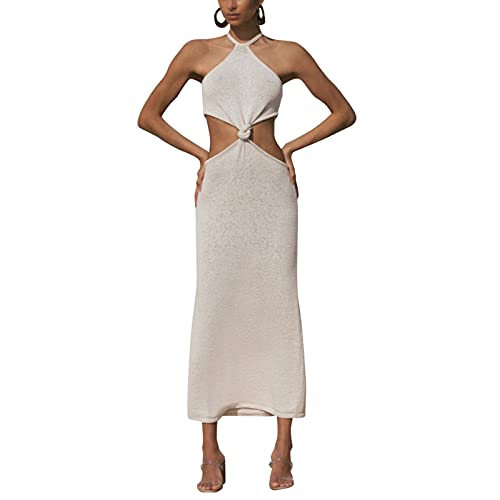 Ekaliy Women s Sexy Knitted Cut Out Dress Halter Neck Backless Slim Fit Beachwear Club Party Maxi Dresses White