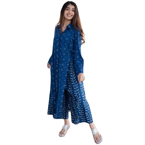 Image of Women's Indigo Blue Cotton Ethnic Co-Ord Set | Kurta Pant Set | Kurta Palazzo Set | Stylish Printed Suit Set for Women