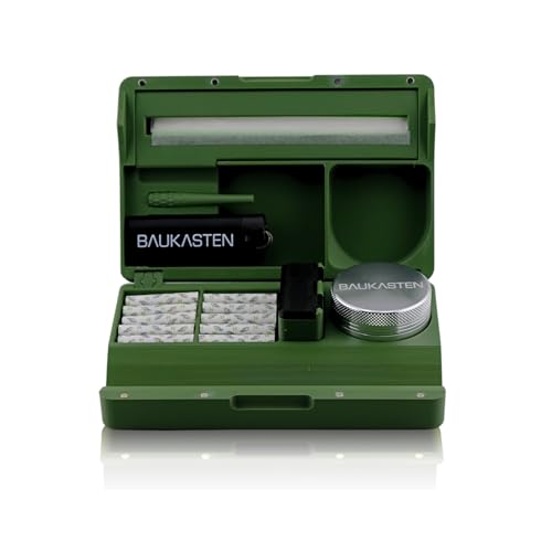 BAUKASTEN Mini mit Zubehör & Grinder - Organisierte & Mobile BAU-Box mit Rolling Tray für bestes Bauen überall sicheren Transport sowie diskrete Aufbewahrung von Allen Smoking Utensilien (Olivgrün)