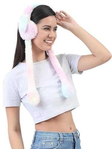Faux Fur Earmuff with Long Bunny Ears, pumping ears moving, Rainbow Multicolour, Lightweight Warm Ear Warmer for Women and Kids head hair accessory fashion use in photo shoots too-image-11