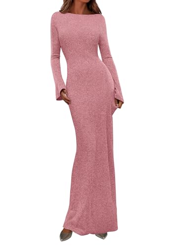 PRETTYGARDEN Women's Fall Fashion 2026 Long Sleeve Maxi Dress Ribbed Knit Boat Neck Bodycon Casual Dresses Going Out Outfits (Pink,Large)