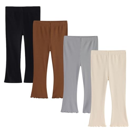 Image of Baby Toddler Girl Flare Pants 4 Pack Girls Ribbed Cotton Leggings | Soft & Stretch,Wide Leg,Comfy Elastic Waistband,Pull-On Style,Solid Color,Ruffle Bell Bottom Pants,Casual Fall Winter Clothes