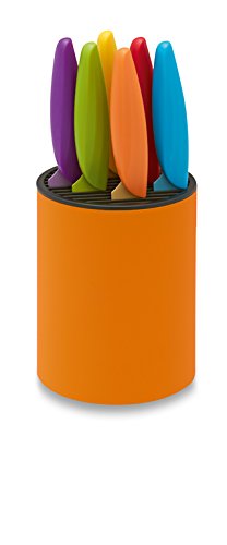 Ausonia 96435 Ceppo coltelli da cucina colorati con 6 coltelli Set Coltelli seghettati da tavola colorati con Ceppo centrotavola Arancione coltelli multiuso per pizza carne