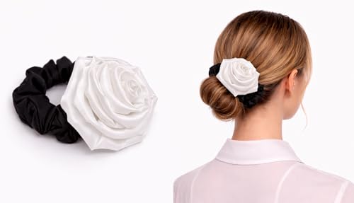 Image of Satin Scrunchie Hair Bands for Women | No-Damage Elastic Hair Ties for Ponytails & Buns | Fluffy & Stylish Rubber Bands | Free Size | Pack of 1 (Off White Rose)