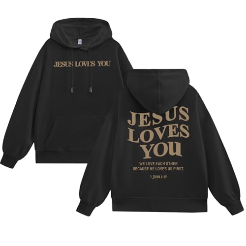 Weetiotio Christian Jesus Loves You Hoodies for Teen Boys Religious Faith Sweatshirts Bible Verse Graphic Youth Hoodie(Black M)