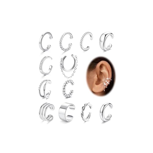 ORAZIO 12 Pcs Plata Ear Cuff Pendientes Sin Agujero Mujer Plata Pendientes Clip Mujer Sin Agujero Ajustables Pendientes Falsos Sin Piercing Oreja Clip Cartilago Pendientes
