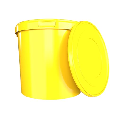 Cubo con tapa, 10 l, amarillo, redondo, cubo de plástico apto para alimentos, hermético y estable, cubo vacío con asa y tapa para productos químicos y adhesivos de detergente en polvo