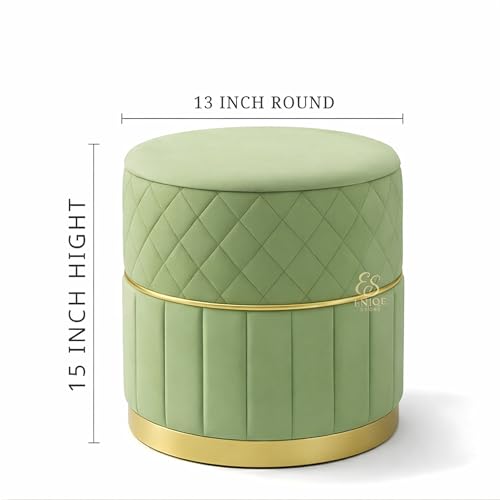 Image of Set of 2 Round Velvet Ottoman Footstool Gold Base - Tufted Upholstered Pouffe Stool for Living Room, Bedroom & Dressing Area (Pista Green)