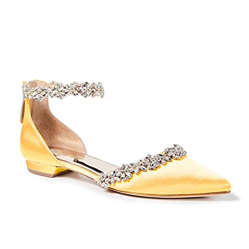 FOWT Elegant Satin Crystal Strap Back Zipper D'Orsay White Flats for Women Casual Closed Pointed Toe Shallow Dress Formal Shoes for Girls, US Size 4-16 M