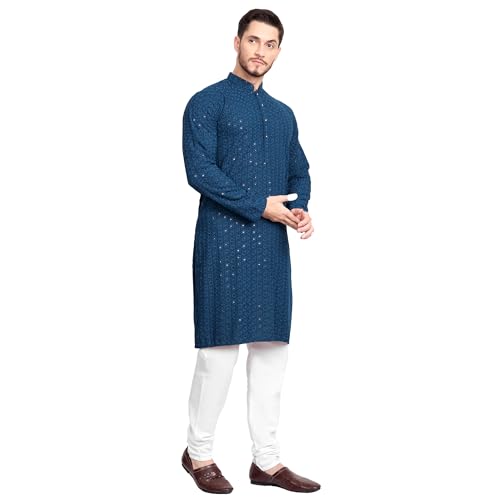 Image of Rayon Ethnic Wear Full Chikankari Sequin Embroidery Mirror Work Traditional Straight Kurta Pyjama Set for Men